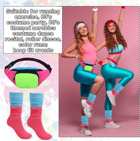 مجموعة فاني نيون راف فاني من الثمانينيات مع جوارب كومة ملونة، وحزم خصر بحزام ريترو للنساء والرجال، وإكسسوارات الثمانينيات بالإضافة إلى حقيبة حزام بحجم كبير للسفر والحفلات التنكرية والعطلات والحفلات in Kuwait