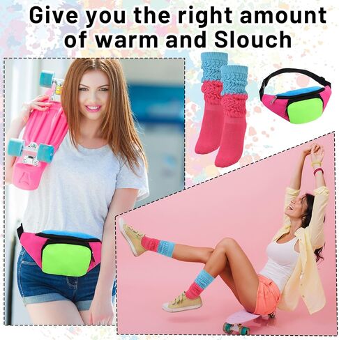 مجموعة فاني نيون راف فاني من الثمانينيات مع جوارب كومة ملونة، وحزم خصر بحزام ريترو للنساء والرجال، وإكسسوارات الثمانينيات بالإضافة إلى حقيبة حزام بحجم كبير للسفر والحفلات التنكرية والعطلات والحفلات in Kuwait