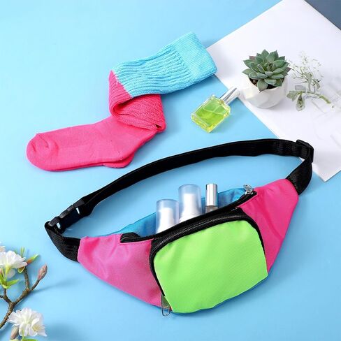 مجموعة فاني نيون راف فاني من الثمانينيات مع جوارب كومة ملونة، وحزم خصر بحزام ريترو للنساء والرجال، وإكسسوارات الثمانينيات بالإضافة إلى حقيبة حزام بحجم كبير للسفر والحفلات التنكرية والعطلات والحفلات in Kuwait