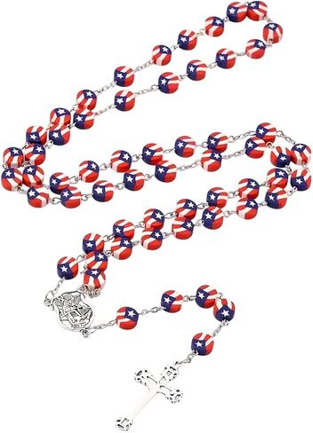Puerto Rico Flag Beads Cross Pendant Neckalce, Patriotic Puerto Rican Cross Rosary Prayer Necklace for Baptism Godchild Gifts Independence Day in Saudi Arabia