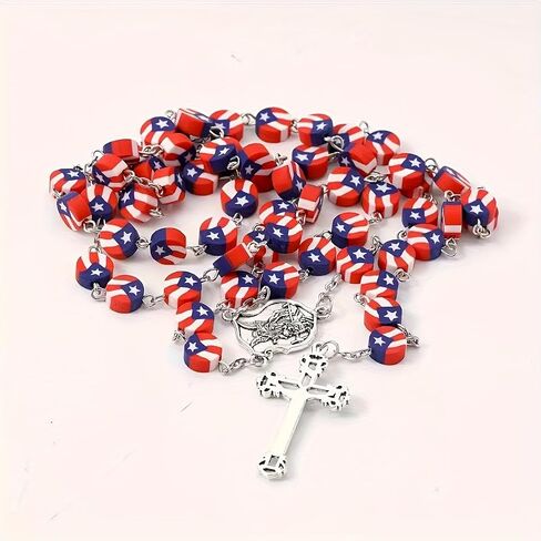 Puerto Rico Flag Beads Cross Pendant Neckalce, Patriotic Puerto Rican Cross Rosary Prayer Necklace for Baptism Godchild Gifts Independence Day in Saudi Arabia