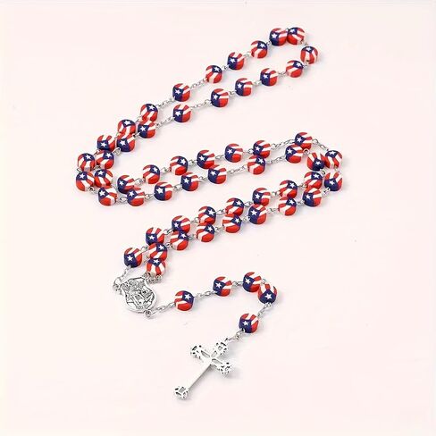 Puerto Rico Flag Beads Cross Pendant Neckalce, Patriotic Puerto Rican Cross Rosary Prayer Necklace for Baptism Godchild Gifts Independence Day in Saudi Arabia
