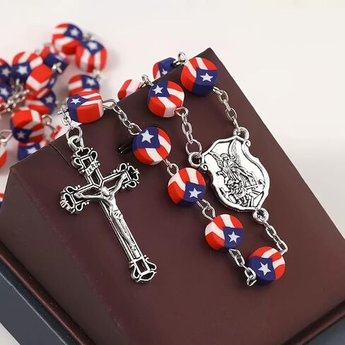 Puerto Rico Flag Beads Cross Pendant Neckalce, Patriotic Puerto Rican Cross Rosary Prayer Necklace for Baptism Godchild Gifts Independence Day in Saudi Arabia