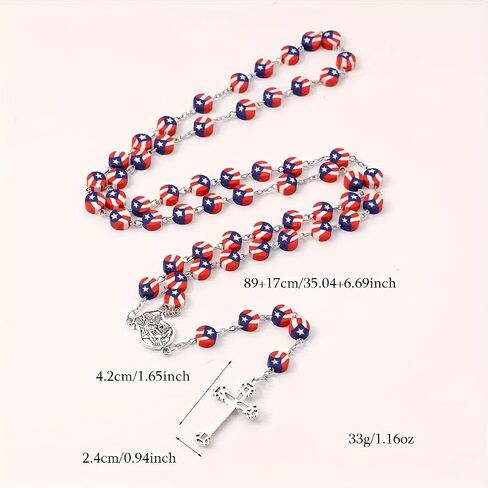 Puerto Rico Flag Beads Cross Pendant Neckalce, Patriotic Puerto Rican Cross Rosary Prayer Necklace for Baptism Godchild Gifts Independence Day in Saudi Arabia