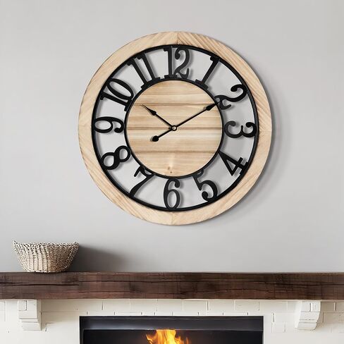 LEIKE 20 Inch Large Wall Clock - Rustic Wooden Silent Non-Ticking Wall Clock with Black Metal Frame, Vintage Farmhouse Decorative for Living Room, Bedroom, Kitchen - Arabic Numerals, Modern Design in Kuwait