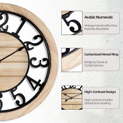 LEIKE 20 Inch Large Wall Clock - Rustic Wooden Silent Non-Ticking Wall Clock with Black Metal Frame, Vintage Farmhouse Decorative for Living Room, Bedroom, Kitchen - Arabic Numerals, Modern Design in Kuwait
