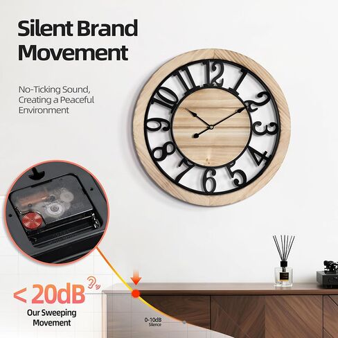 LEIKE 20 Inch Large Wall Clock - Rustic Wooden Silent Non-Ticking Wall Clock with Black Metal Frame, Vintage Farmhouse Decorative for Living Room, Bedroom, Kitchen - Arabic Numerals, Modern Design in Kuwait