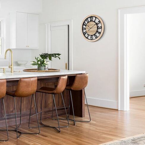 LEIKE 20 Inch Large Wall Clock - Rustic Wooden Silent Non-Ticking Wall Clock with Black Metal Frame, Vintage Farmhouse Decorative for Living Room, Bedroom, Kitchen - Arabic Numerals, Modern Design in Kuwait