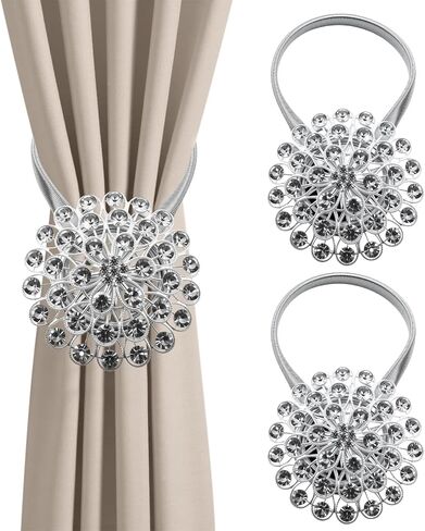 Magnetic Curtain Tiebacks 2Pack, Sparkling Crystal Flower Magnetic Tiebacks for Curtains with High-Elastic Spring Wire Rope for Home Office Decoration, No Drilling Needed in Saudi Arabia