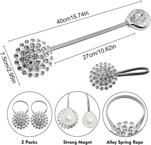 Magnetic Curtain Tiebacks 2Pack, Sparkling Crystal Flower Magnetic Tiebacks for Curtains with High-Elastic Spring Wire Rope for Home Office Decoration, No Drilling Needed in Saudi Arabia