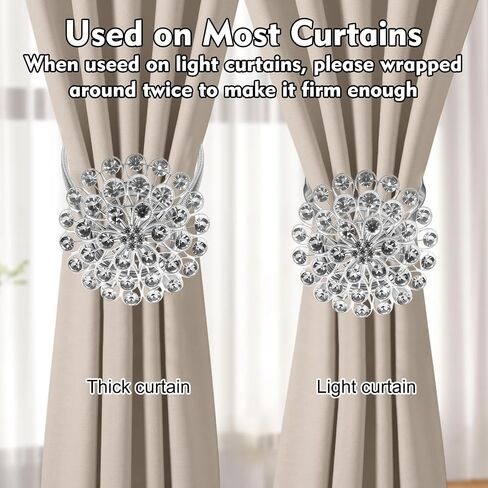 Magnetic Curtain Tiebacks 2Pack, Sparkling Crystal Flower Magnetic Tiebacks for Curtains with High-Elastic Spring Wire Rope for Home Office Decoration, No Drilling Needed in Saudi Arabia