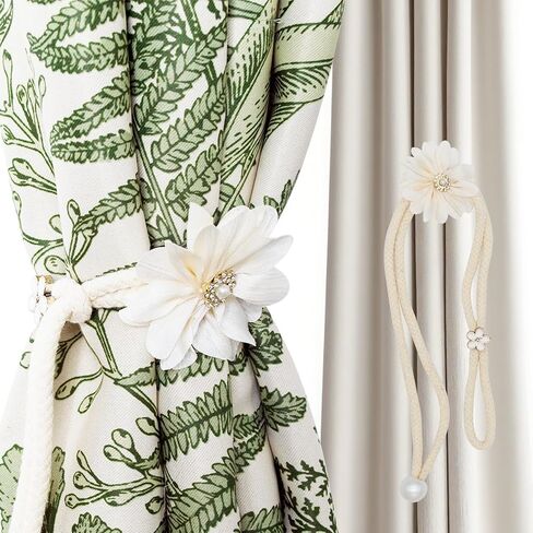Yancorp 2pcs Boho Curtain Tiebacks - Handmade Pearl & Rope Holdbacks with Buckle Pins, Simple Elegant Curtain Bedroom Decor (Beige Grey-MXH) in Kuwait