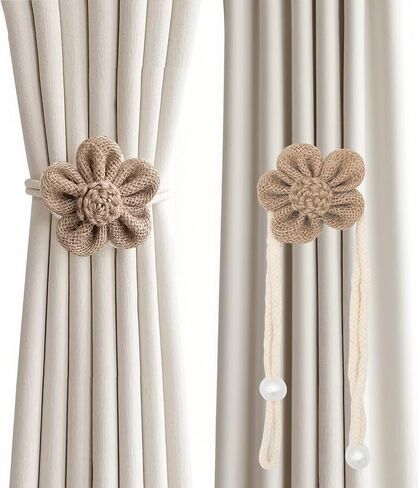 Yancorp 2pcs Boho Curtain Tiebacks - Handmade Pearl & Rope Holdbacks with Buckle Pins, Simple Elegant Curtain Bedroom Decor (Beige Grey-MXH) in Kuwait
