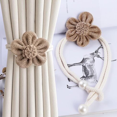 Yancorp 2pcs Boho Curtain Tiebacks - Handmade Pearl & Rope Holdbacks with Buckle Pins, Simple Elegant Curtain Bedroom Decor (Beige Grey-MXH) in Kuwait