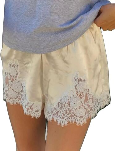 Women Satin Shorts Lace Trim Patchwork Y2K Elastic Waist Micro Coquette Silky Lounge Slip Bottoms in Saudi Arabia