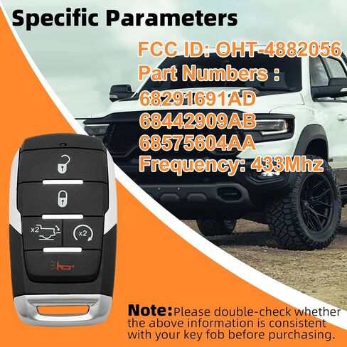 Remote Smart Key Fob Fits for RAM 1500 Pickup 2019-2024, FCC ID:OHT-4882056,P/N:68291691AD,68442909AB,68575604AA Car Keyless Entry Remote Control Replacement 433Mhz 4+1 Button in Kuwait