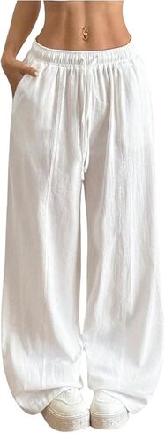 بنطلون نسائي خفيف الوزن برباط للخصر من Palazzo يغطي ملابس الشارع، بنطال كاجوال واسع الساق مع جيوب in Kuwait