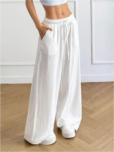 بنطلون نسائي خفيف الوزن برباط للخصر من Palazzo يغطي ملابس الشارع، بنطال كاجوال واسع الساق مع جيوب in Kuwait