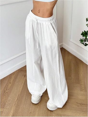 بنطلون نسائي خفيف الوزن برباط للخصر من Palazzo يغطي ملابس الشارع، بنطال كاجوال واسع الساق مع جيوب in Kuwait