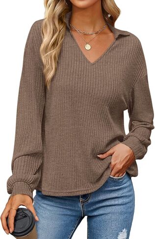 KIRUNDO Long Sleeve Shirts for Women 2025 Fall Fashion Outfits Going Out Tops Collar V Neck Blouses Ribbed Knit Loose Tunic in Saudi Arabia