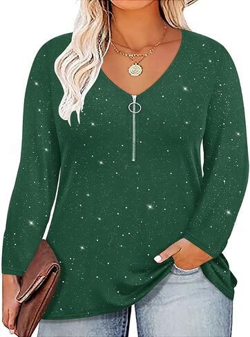 TIYOMI Women Plus Size Tops Long Sleeves Zipper Adjustable Zip Long Sleeve V Neck Fall Winter Casual Loose Fit Tunic Tops in Saudi Arabia
