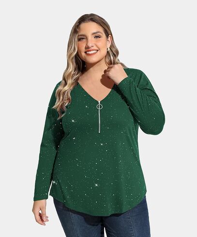 TIYOMI Women Plus Size Tops Long Sleeves Zipper Adjustable Zip Long Sleeve V Neck Fall Winter Casual Loose Fit Tunic Tops in Saudi Arabia