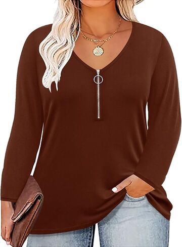 TIYOMI Women Plus Size Tops Long Sleeves Zipper Adjustable Zip Long Sleeve V Neck Fall Winter Casual Loose Fit Tunic Tops in Saudi Arabia