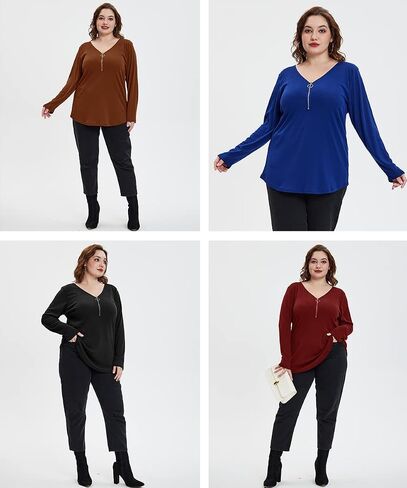 TIYOMI Women Plus Size Tops Long Sleeves Zipper Adjustable Zip Long Sleeve V Neck Fall Winter Casual Loose Fit Tunic Tops in Saudi Arabia