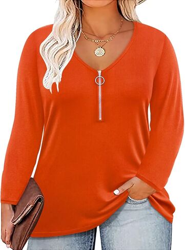 TIYOMI Women Plus Size Tops Long Sleeves Zipper Adjustable Zip Long Sleeve V Neck Fall Winter Casual Loose Fit Tunic Tops in Saudi Arabia