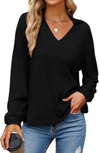KIRUNDO Long Sleeve Shirts for Women 2025 Fall Fashion Outfits Going Out Tops Collar V Neck Blouses Ribbed Knit Loose Tunic in Saudi Arabia