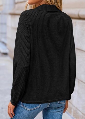 KIRUNDO Long Sleeve Shirts for Women 2025 Fall Fashion Outfits Going Out Tops Collar V Neck Blouses Ribbed Knit Loose Tunic in Saudi Arabia
