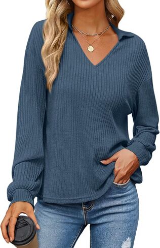 KIRUNDO Long Sleeve Shirts for Women 2025 Fall Fashion Outfits Going Out Tops Collar V Neck Blouses Ribbed Knit Loose Tunic in Saudi Arabia