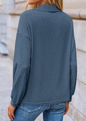 KIRUNDO Long Sleeve Shirts for Women 2025 Fall Fashion Outfits Going Out Tops Collar V Neck Blouses Ribbed Knit Loose Tunic in Saudi Arabia