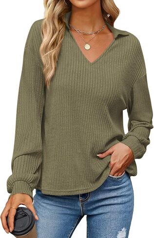 KIRUNDO Long Sleeve Shirts for Women 2025 Fall Fashion Outfits Going Out Tops Collar V Neck Blouses Ribbed Knit Loose Tunic in Saudi Arabia