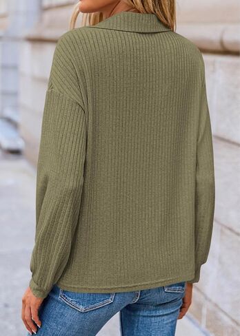 KIRUNDO Long Sleeve Shirts for Women 2025 Fall Fashion Outfits Going Out Tops Collar V Neck Blouses Ribbed Knit Loose Tunic in Saudi Arabia