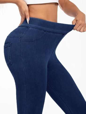 Leggings for Women with Pockets Denim Tights Stretchy High Waisted Yoga Pants Compression Tummy Control Athletic Gym in Saudi Arabia