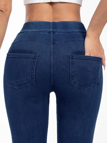 Leggings for Women with Pockets Denim Tights Stretchy High Waisted Yoga Pants Compression Tummy Control Athletic Gym in Saudi Arabia