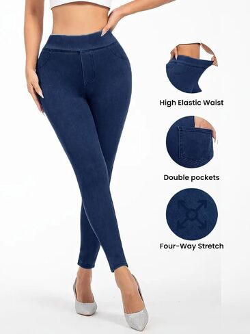 Leggings for Women with Pockets Denim Tights Stretchy High Waisted Yoga Pants Compression Tummy Control Athletic Gym in Saudi Arabia