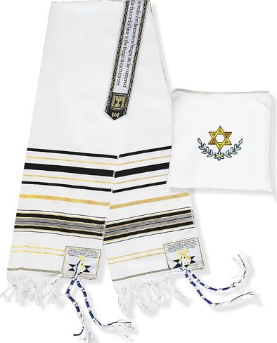 شال صلاة Tallit مقاس 72 بوصة × 22 بوصة مع حقيبة وتزيتزيت مرفق مسبقًا للرجال والنساء، تصميم مستوحى من التوراة باللون الأسود in Kuwait