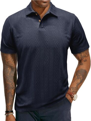 Men’s Textured Jacquard Polo Shirt, Short Sleeve Classic Collar Knit Tee, Stylish Business Casual Summer Top in Saudi Arabia