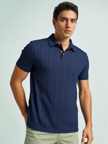 Men’s Textured Jacquard Polo Shirt, Short Sleeve Classic Collar Knit Tee, Stylish Business Casual Summer Top in Saudi Arabia