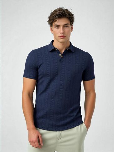 Men’s Textured Jacquard Polo Shirt, Short Sleeve Classic Collar Knit Tee, Stylish Business Casual Summer Top in Saudi Arabia