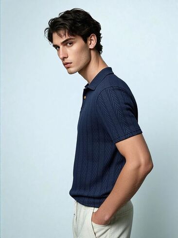Men’s Textured Jacquard Polo Shirt, Short Sleeve Classic Collar Knit Tee, Stylish Business Casual Summer Top in Saudi Arabia