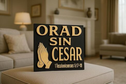 Plaque: ORAD SIN CESAR, Christian 3d wall decor in Spanish, Decorative wall plaques, FAMILY SHALOM, handmade in USA in Saudi Arabia