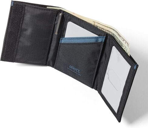 محفظة Allett ثلاثية الطي، باللون الأسود الداكن | نايلون، حجب RFID | نحيف، بسيط، مقاوم للماء، رفيع، جيب أمامي | يحمل 2-12 بطاقة، وفواتير مسطحة، والإيصالات والعملات المعدنية | للرجال والنساء in Kuwait