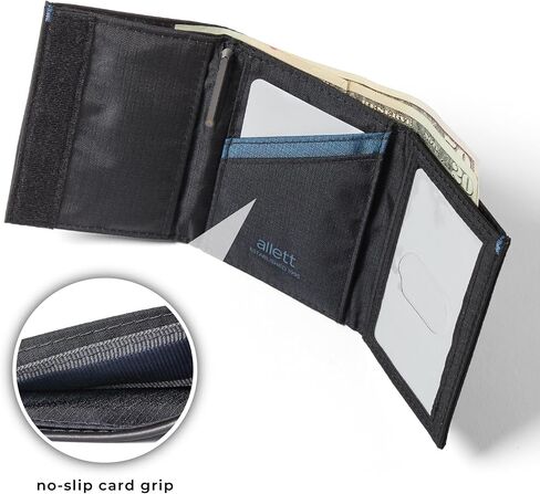 محفظة Allett ثلاثية الطي، باللون الأسود الداكن | نايلون، حجب RFID | نحيف، بسيط، مقاوم للماء، رفيع، جيب أمامي | يحمل 2-12 بطاقة، وفواتير مسطحة، والإيصالات والعملات المعدنية | للرجال والنساء in Kuwait