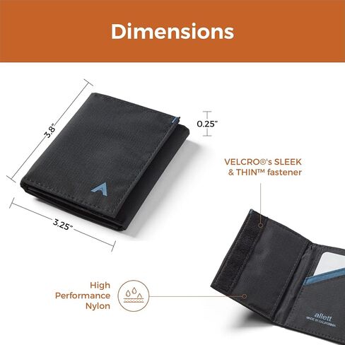 محفظة Allett ثلاثية الطي، باللون الأسود الداكن | نايلون، حجب RFID | نحيف، بسيط، مقاوم للماء، رفيع، جيب أمامي | يحمل 2-12 بطاقة، وفواتير مسطحة، والإيصالات والعملات المعدنية | للرجال والنساء in Kuwait