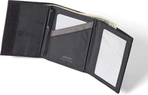 محفظة Allett ثلاثية الطي، باللون الأسود الداكن | نايلون، حجب RFID | نحيف، بسيط، مقاوم للماء، رفيع، جيب أمامي | يحمل 2-12 بطاقة، وفواتير مسطحة، والإيصالات والعملات المعدنية | للرجال والنساء in Kuwait