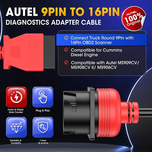 Autel Original OBD2 to J1939 Green Type 2 Adapter Cable, 16Pin Male to 9Pin J1939 Female OBD Port, Compatible with OBD II Diagnostic Scanners in Saudi Arabia