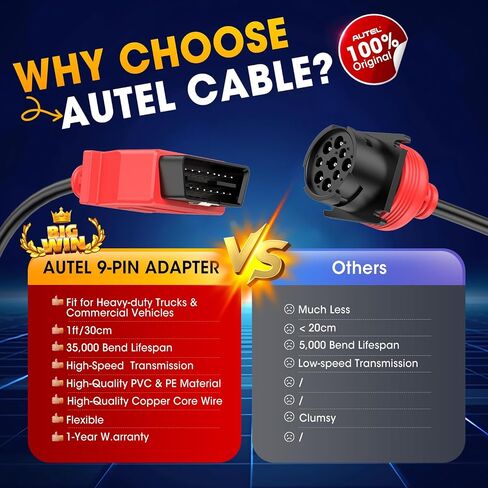 Autel Original OBD2 to J1939 Green Type 2 Adapter Cable, 16Pin Male to 9Pin J1939 Female OBD Port, Compatible with OBD II Diagnostic Scanners in Saudi Arabia